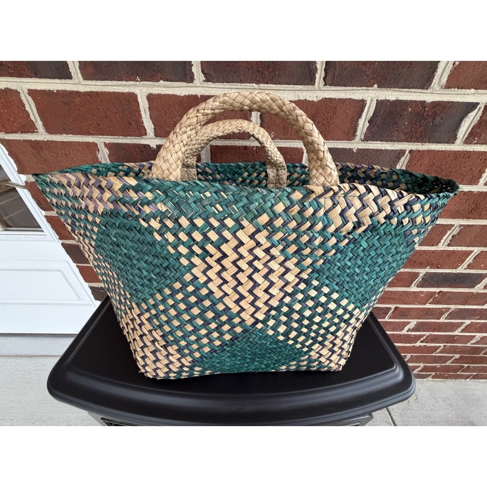 Boho Woven Seagrass Tote - Pier One Green/Tan Beach Market NWT